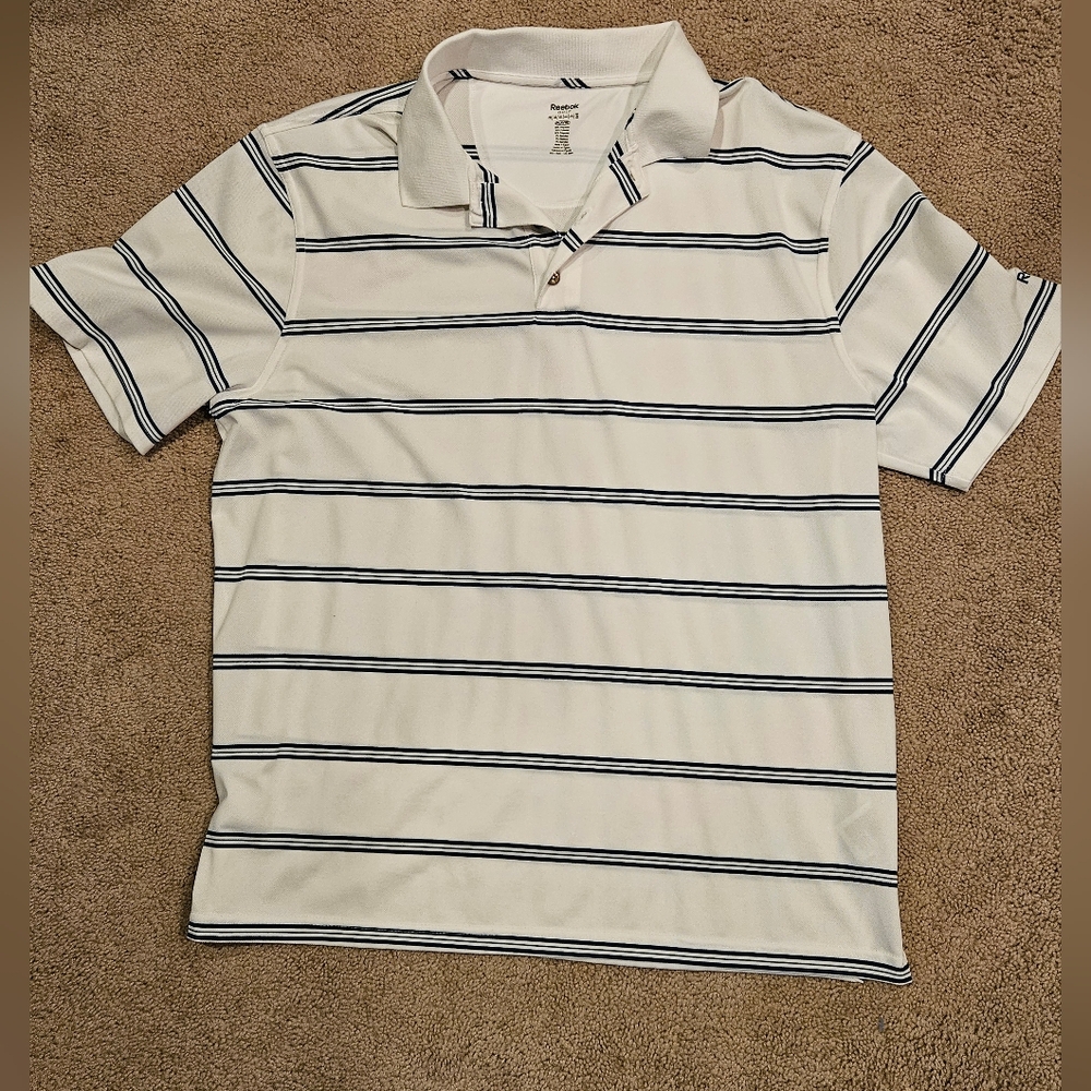 Reebok Golf White and Blue Striped Polo Shirt